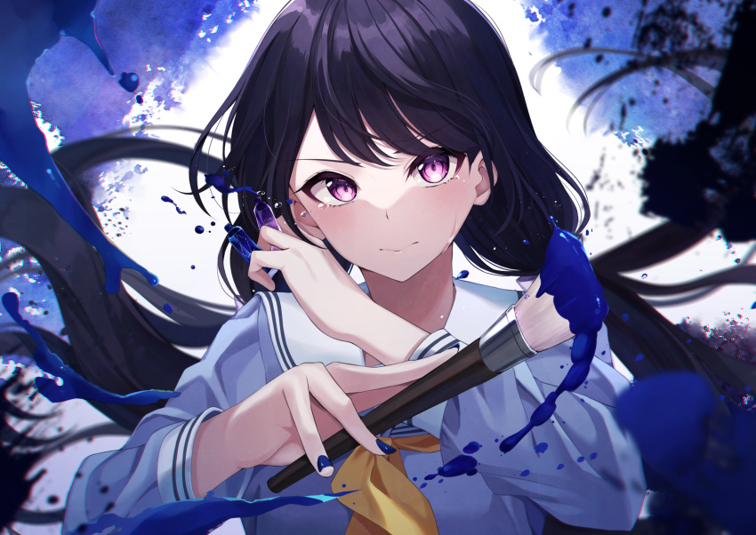 1girl 3: bangs between_fingers black_hair blue_nails blue_shirt blush closed_mouth commentary_request crying crying_with_eyes_open eyebrows_visible_through_hair fingernails highres holding holding_paintbrush kurousagi_yuu long_fingernails long_hair long_sleeves looking_at_viewer low_twintails nail_polish neckerchief original paintbrush sailor_collar school_uniform serafuku shirt solo swept_bangs tears twintails upper_body v-shaped_eyebrows very_long_hair violet_eyes white_sailor_collar yellow_neckwear