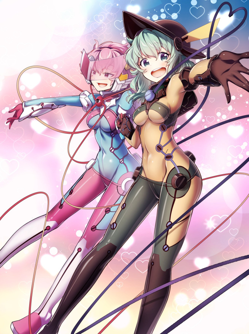 2girls :d adapted_costume artist_request bodysuit breasts check_artist cluseller commentary_request commission eyebrows_visible_through_hair green_eyes green_hair half-closed_eyes hat headgear highres holding_hands impossible_bodysuit impossible_clothes komeiji_koishi komeiji_satori looking_at_viewer medium_breasts medium_hair multiple_girls open_mouth pilot_suit pink_eyes pink_hair second-party_source shiny shiny_clothes siblings sisters skin_tight smile third_eye touhou upper_teeth visor