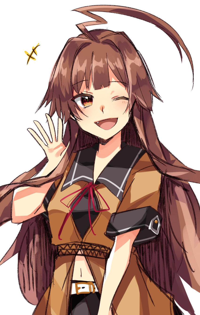 1girl ^^^ ahoge black_sailor_collar black_skirt brown_eyes brown_hair commentary_request fang highres huge_ahoge kantai_collection katsuobushi_(eba_games) kuma_(kantai_collection) long_hair looking_at_viewer neck_ribbon orange_shirt red_neckwear remodel_(kantai_collection) ribbon sailor_collar school_uniform serafuku shirt short_sleeves simple_background skirt smile solo waving white_background