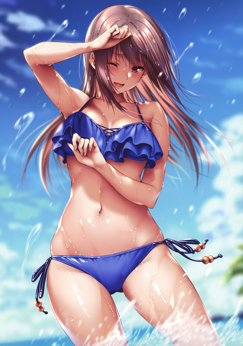 1girl absurdres bare_arms bare_shoulders bikini blue_sky blurry blurry_background blush breasts brown_eyes brown_hair clouds cloudy_sky day hands_up hanikami_kanojo highres long_hair medium_breasts minazumi_kasane navel one_eye_closed open_mouth outdoors piromizu scan shiny shiny_clothes shiny_skin side-tie_bikini sky solo splashing stomach swimsuit