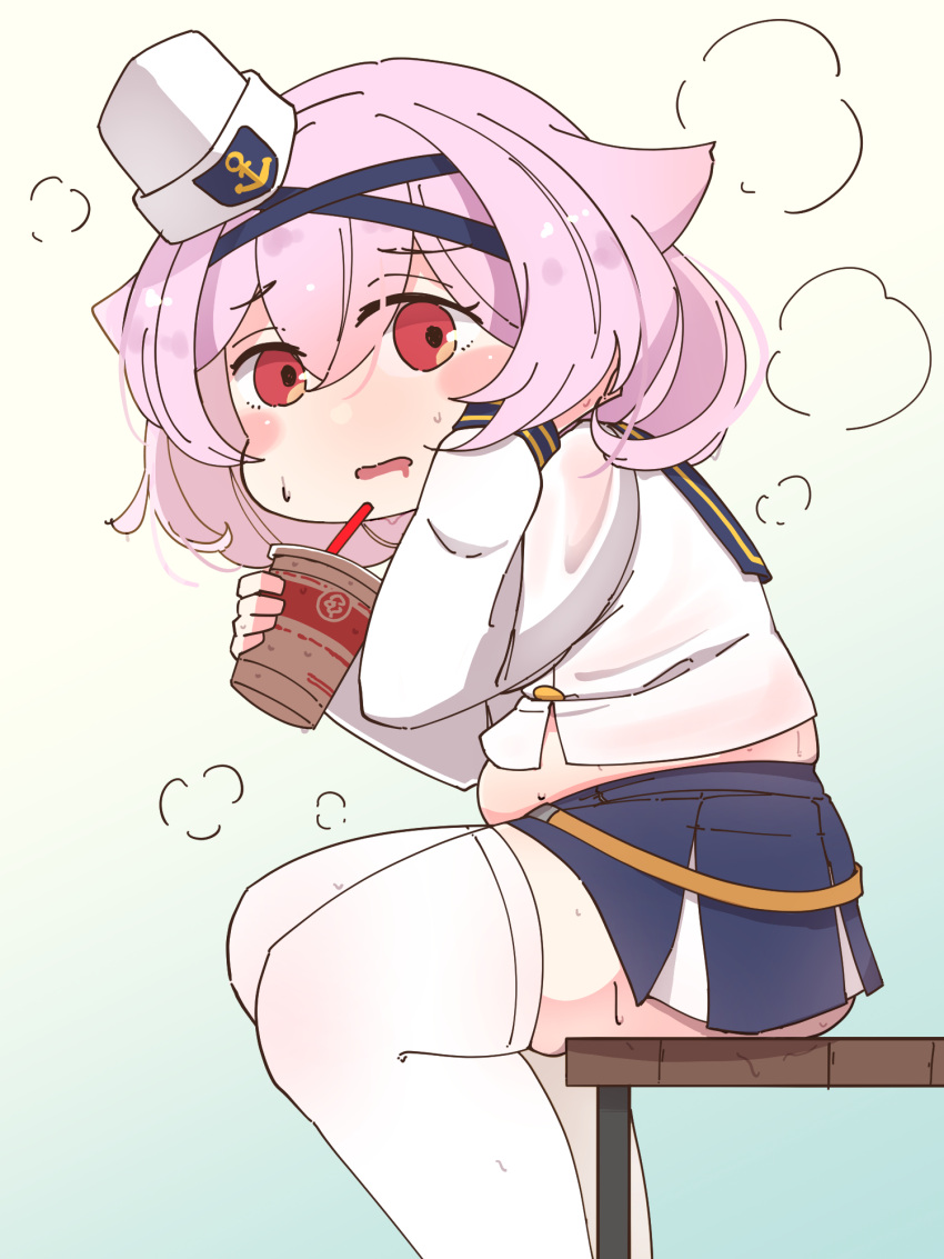 1girl aylwin_(azur_lane) azur_lane bangs blue_skirt blush cup disposable_cup drink drinking_straw eyebrows_visible_through_hair feet_out_of_frame furniture furrowed_eyebrows hair_between_eyes hair_tousle hairband hat highres horoyuki_(gumizoku) long_sleeves looking_at_viewer medium_hair mouth_drool muffin_top open_mouth pink_hair pleated_skirt plump red_eyes sailor_hat see-through_skirt shirt sitting skindentation skirt solo striped_wrist_cuffs suspenders suspenders_slip sweat thigh-highs white_legwear