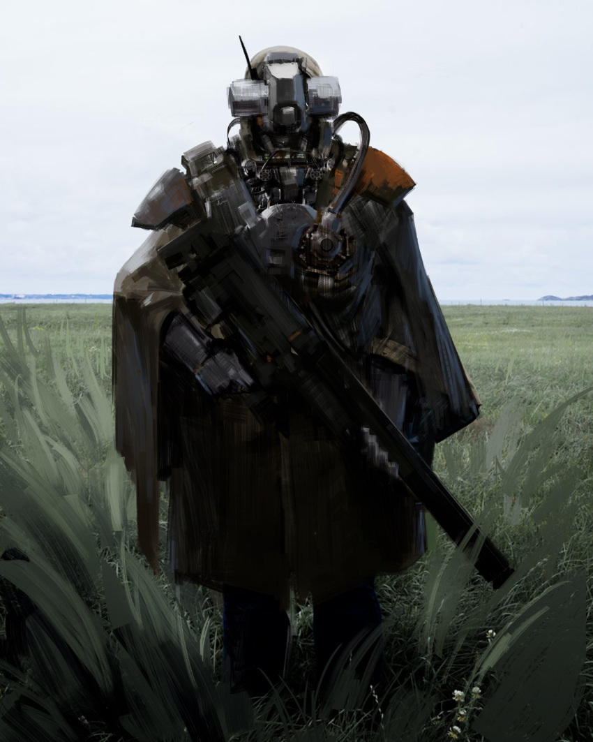 1boy armor english_commentary grass gun head_tilt highres holding holding_gun holding_weapon looking_at_viewer original photo_background radio_antenna science_fiction siku199 solo weapon wire