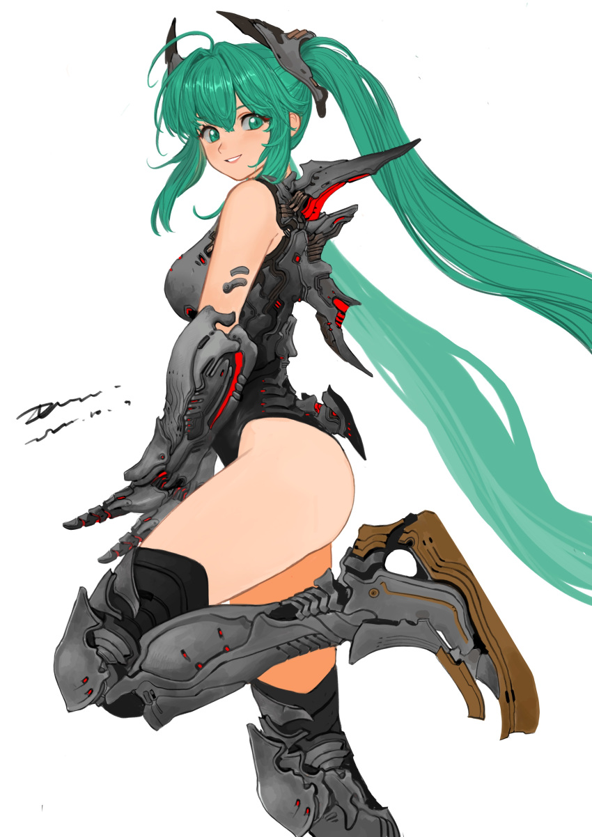 1girl absurdres alternate_costume aqua_eyes aqua_hair breasts devil_lo elbow_gloves feet_out_of_frame from_side gloves hatsune_miku highres large_breasts leotard long_hair looking_at_viewer science_fiction simple_background smile solo standing standing_on_one_leg thigh-highs twintails very_long_hair vocaloid white_background