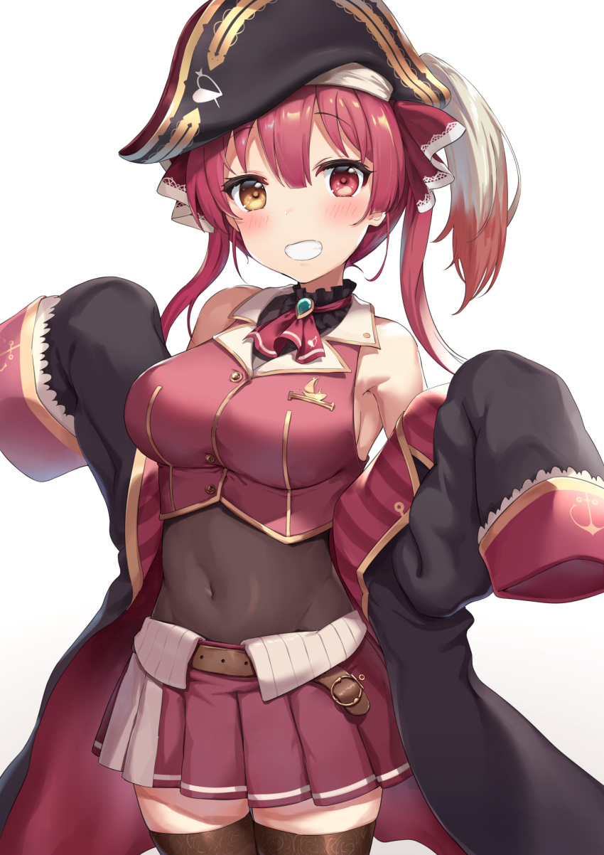 1girl :d ascot bangs bare_shoulders belt black_coat black_headwear black_leotard blush breasts brown_eyes brown_legwear coat covered_navel cowboy_shot cropped_vest eyebrows_visible_through_hair grin hair_ribbon hat heterochromia highres hololive houshou_marine leotard leotard_under_clothes long_hair long_sleeves looking_at_viewer medium_breasts miniskirt miya_(tokumei) open_clothes open_coat open_mouth pirate_hat pleated_skirt red_eyes red_neckwear red_ribbon red_skirt red_vest redhead ribbon simple_background skirt sleeves_past_fingers sleeves_past_wrists smile solo teeth thigh-highs twintails vest virtual_youtuber white_background zettai_ryouiki