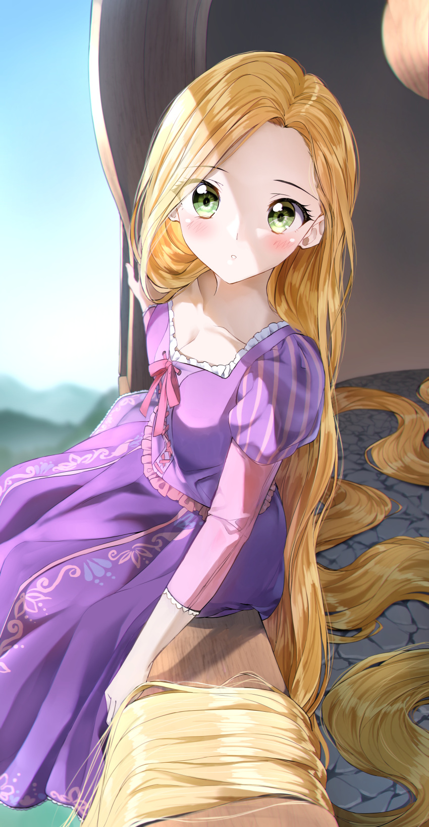 1girl :o absurdly_long_hair absurdres bangs blonde_hair blush commentary_request day disney dress eyebrows_visible_through_hair forehead green_eyes highres juliet_sleeves long_hair long_sleeves looking_at_viewer looking_to_the_side outdoors parted_bangs parted_lips pentagon_(railgun_ky1206) puffy_sleeves purple_dress railing rapunzel_(disney) sitting sitting_on_railing solo very_long_hair