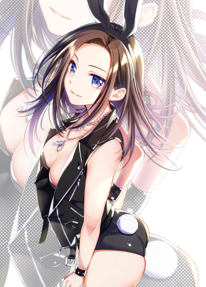 1girl animal_ears bang_dream! black_leotard black_vest blue_eyes bracelet breasts brown_hair bunny_tail chain_necklace closed_mouth cowboy_shot fake_animal_ears fake_tail highres jewelry leather_vest leotard looking_at_viewer medium_breasts medium_hair pendant playboy_bunny rabbit_ears sidelocks sleeveless smile solo standing strapless strapless_leotard tail tsurugi_hikaru vest wakana_rei