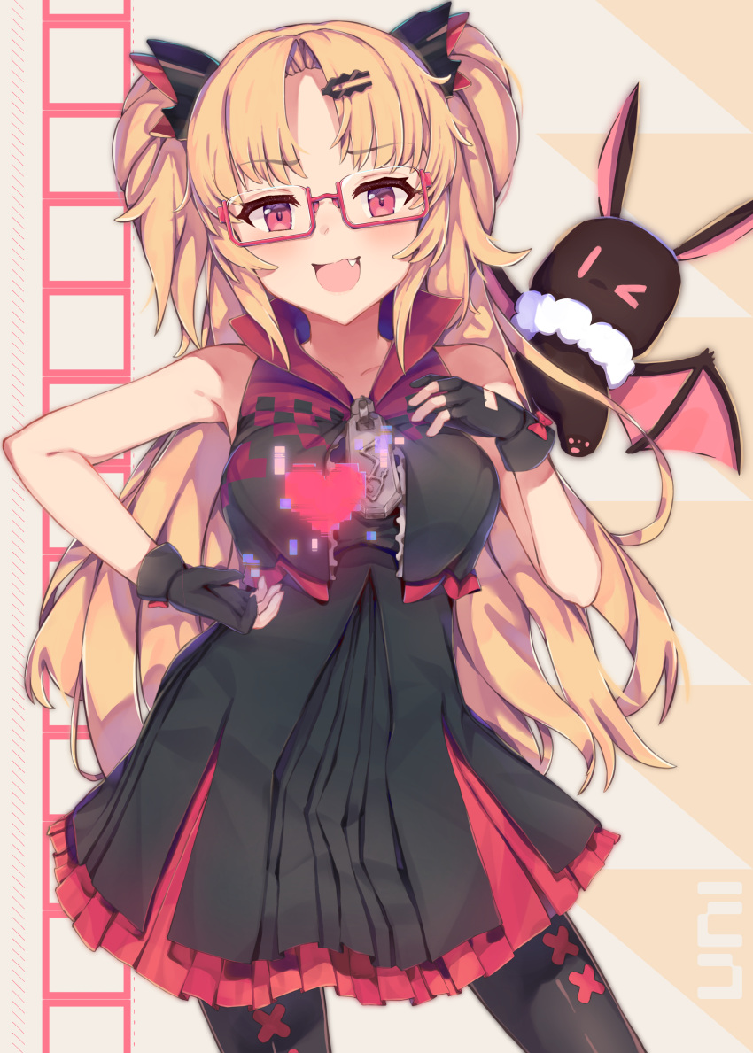 1girl absurdres akatsuki_uni bare_shoulders black_dress black_gloves black_legwear blonde_hair blush bow character_name commentary dress eyebrows_visible_through_hair fang fingerless_gloves frilled_dress frills glasses gloves hair_ornament hairclip heart highres jiyasu long_hair looking_at_viewer open_mouth red-framed_eyewear red_bow red_eyes sleeveless smile two_side_up uni_create