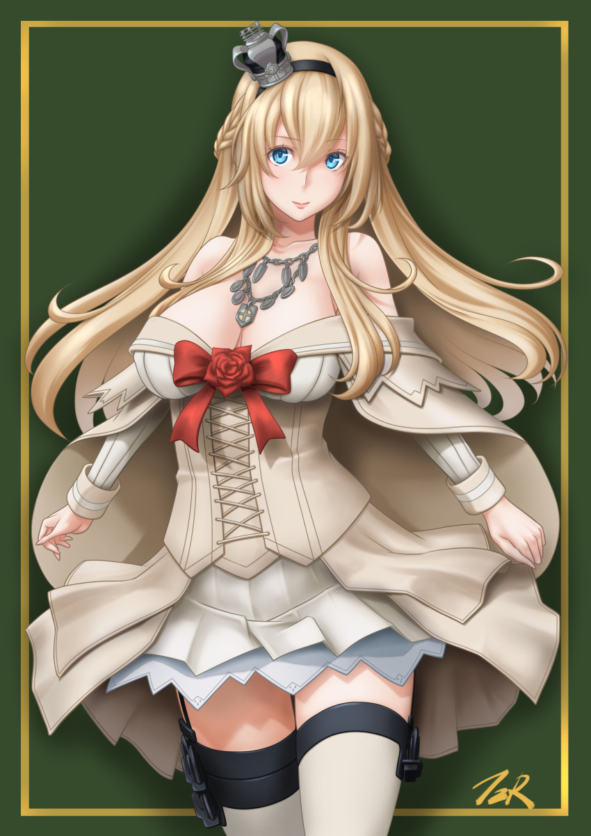 1girl artist_name black_hairband blonde_hair blue_eyes braid commentary_request cowboy_shot crown dress flower french_braid garter_straps green_background hairband highres kantai_collection long_hair long_sleeves looking_at_viewer mini_crown off-shoulder_dress off_shoulder red_flower red_ribbon red_rose ribbon rose smile solo standing t2r thigh-highs warspite_(kantai_collection) white_dress white_legwear