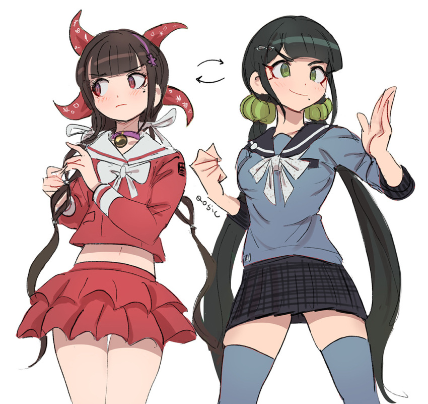 2girls arrow_(symbol) bangs black_hair blue_legwear blunt_bangs chabashira_tenko commentary cosplay costume_switch crop_top dangan_ronpa_(series) dangan_ronpa_v3:_killing_harmony english_commentary frilled_skirt frills green_eyes green_scrunchie hair_ornament hair_scrunchie hairband harukawa_maki long_hair looking_away low_twintails mole mole_under_eye mole_under_mouth multiple_girls palette_swap pleated_skirt qosic ringed_eyes school_uniform scrunchie serafuku simple_background skirt thigh-highs twintails white_background