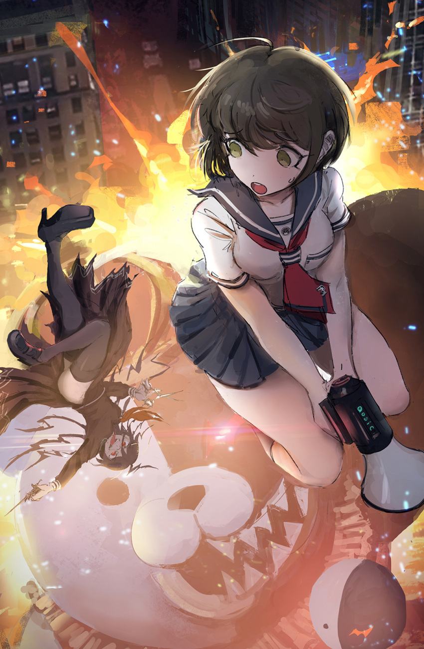 2girls ahoge ass bangs black_footwear black_hair breasts brown_hair city collarbone commentary dangan_ronpa_(series) dated_commentary english_commentary explosion from_above genocider_shou glasses glowing glowing_eye highres holding holding_megaphone holding_scissors kneehighs large_breasts long_hair long_sleeves long_tongue looking_at_another megaphone monokuma multiple_girls naegi_komaru open_mouth pleated_skirt qosic sailor_collar school_uniform scissors serafuku shirt shoes short_hair skirt smile teeth thigh-highs tongue tongue_out torn_clothes torn_skirt white_shirt