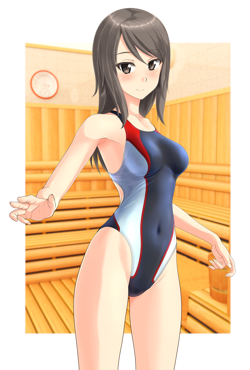 1girl absurdres bangs blurry breasts brown_eyes brown_hair competition_swimsuit covered_navel cowboy_shot depth_of_field girls_und_panzer highres long_hair looking_at_viewer medium_breasts mika_(girls_und_panzer) multicolored multicolored_clothes multicolored_swimsuit one-piece_swimsuit sauna solo standing striped striped_swimsuit swimsuit takafumi