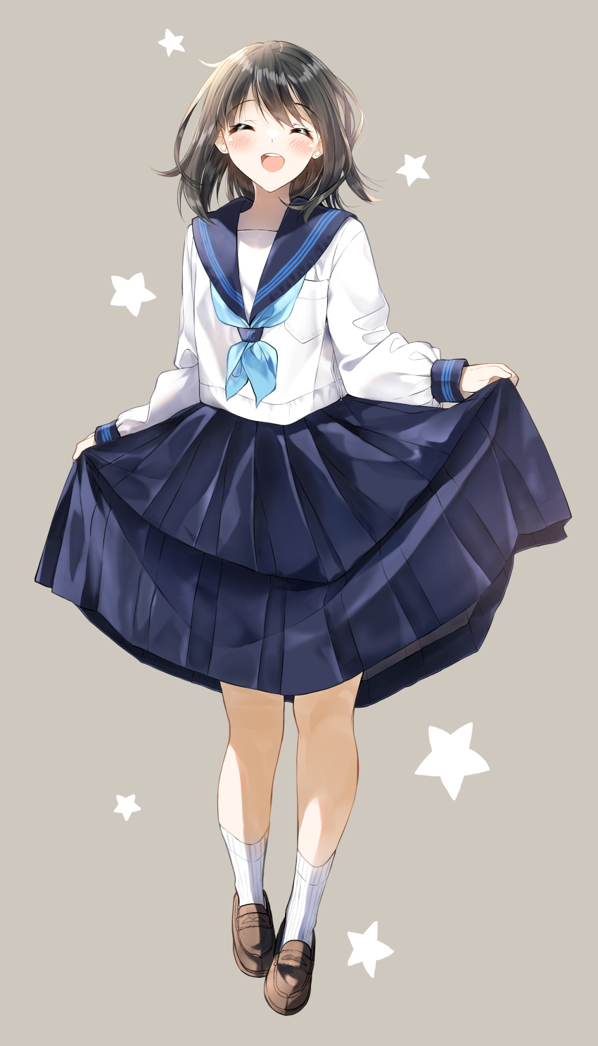 1girl :d ^_^ absurdres bangs black_hair blue_neckwear blue_sailor_collar blue_skirt blush brown_footwear closed_eyes commentary_request eyebrows_visible_through_hair facing_viewer full_body grey_background highres loafers long_hair long_sleeves neckerchief open_mouth original pentagon_(railgun_ky1206) pleated_skirt puffy_long_sleeves puffy_sleeves ribbed_legwear sailor_collar school_uniform serafuku shirt shoes simple_background skirt skirt_hold smile socks solo standing starry_background white_legwear white_shirt