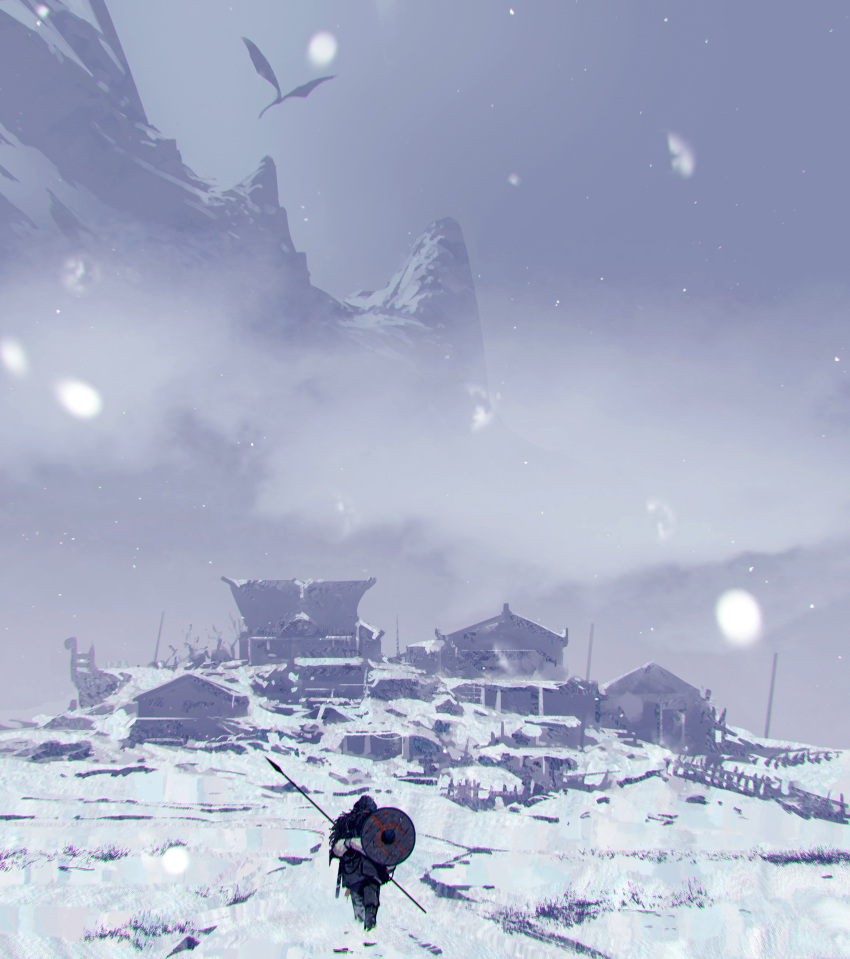 1other absurdres ambiguous_gender bag commentary dragon english_commentary fog from_behind highres hood hood_up house kalmahul mountain night original outdoors path polearm shield snow snowing spear standing village weapon wings