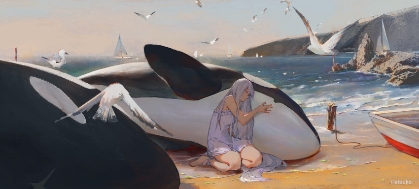 1girl absurdres ahoge animal arknights artist_name bare_legs barefoot beach bird boat breasts closed_mouth day dress highres medium_breasts ocean on_ground orca outdoors red_eyes rock sailboat sand silver_hair sitting skadi_(arknights) sleeveless sleeveless_dress solo water watercraft white_dress yokozuwari zuosi_zhichu