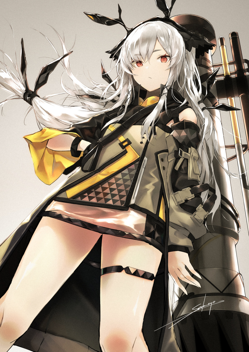 1girl arknights bangs bare_legs bare_shoulders cannon commentary detached_sleeves expressionless feet_out_of_frame grey_background grey_jacket hand_in_pocket highres jacket long_hair long_sleeves looking_at_viewer low-tied_long_hair red_eyes sakusyo sidelocks signature silver_hair simple_background solo standing thigh_strap thighs very_long_hair weapon weapon_on_back weedy_(arknights)