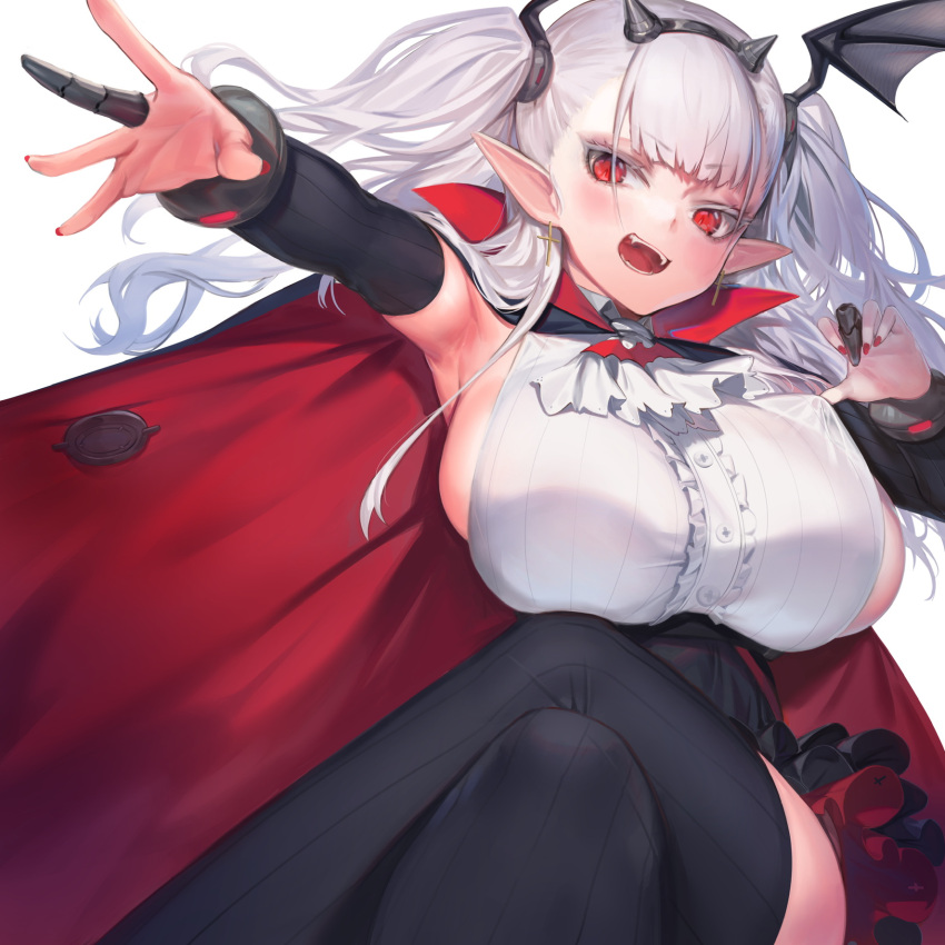 1girl armpits bangs bat_wings black_cape black_gloves black_skirt breasts bridal_gauntlets cape center_frills character_request colored_eyelashes cross cross_earrings crossed_legs earrings eyebrows_visible_through_hair fake_horns floating_hair frilled_skirt frills gloves head_wings highres horns huge_breasts jam_(nandade) jewelry last_origin long_hair looking_at_viewer nail_polish open_mouth outstretched_arm pointy_ears red_cape red_eyes red_nails shirt sideboob simple_background sitting skirt sleeveless sleeveless_shirt solo tsurime twintails two-tone_cape white_background white_hair white_shirt wings