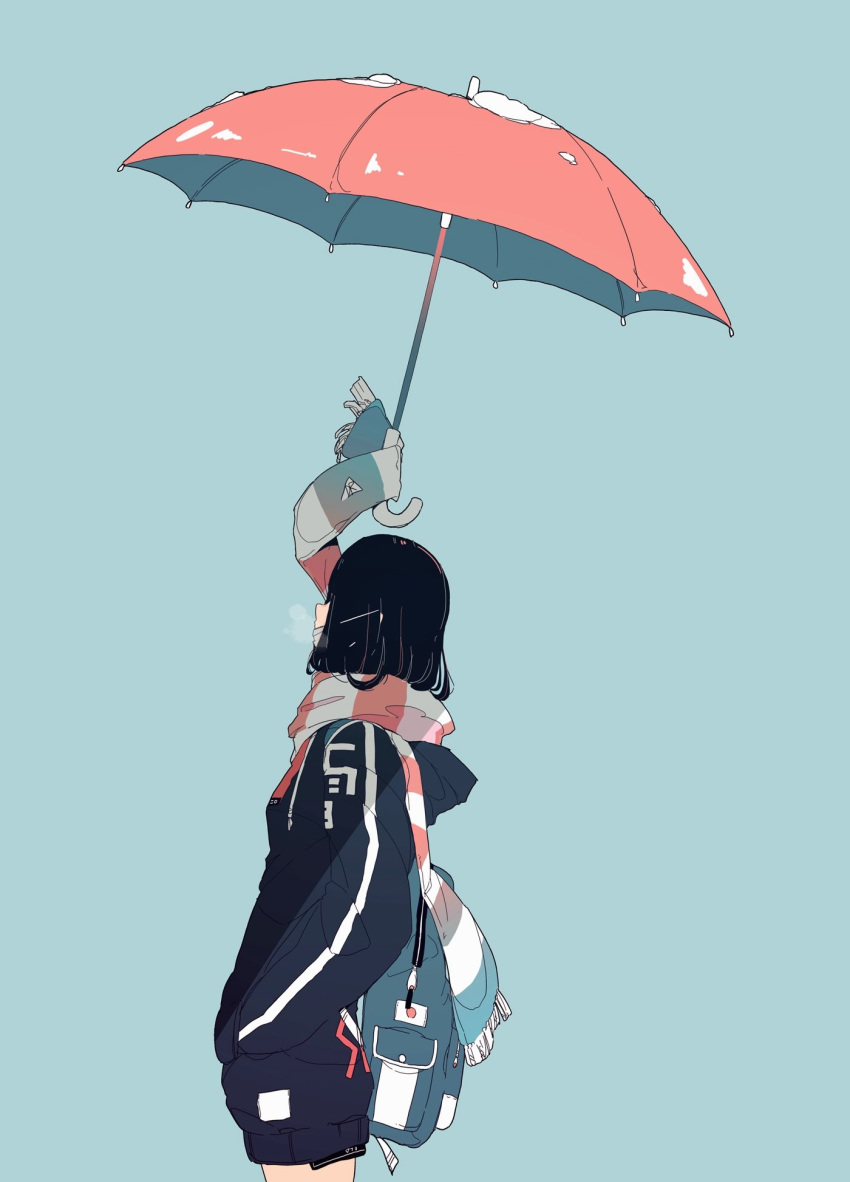 1girl aqua_scarf backpack bag black_hair blue_hoodie commentary cowboy_shot daisukerichard from_side green_background hands_in_pockets highres holding holding_umbrella hood hoodie long_sleeves mask mouth_mask original pink_scarf pink_umbrella scarf simple_background snow solo striped striped_scarf umbrella white_scarf