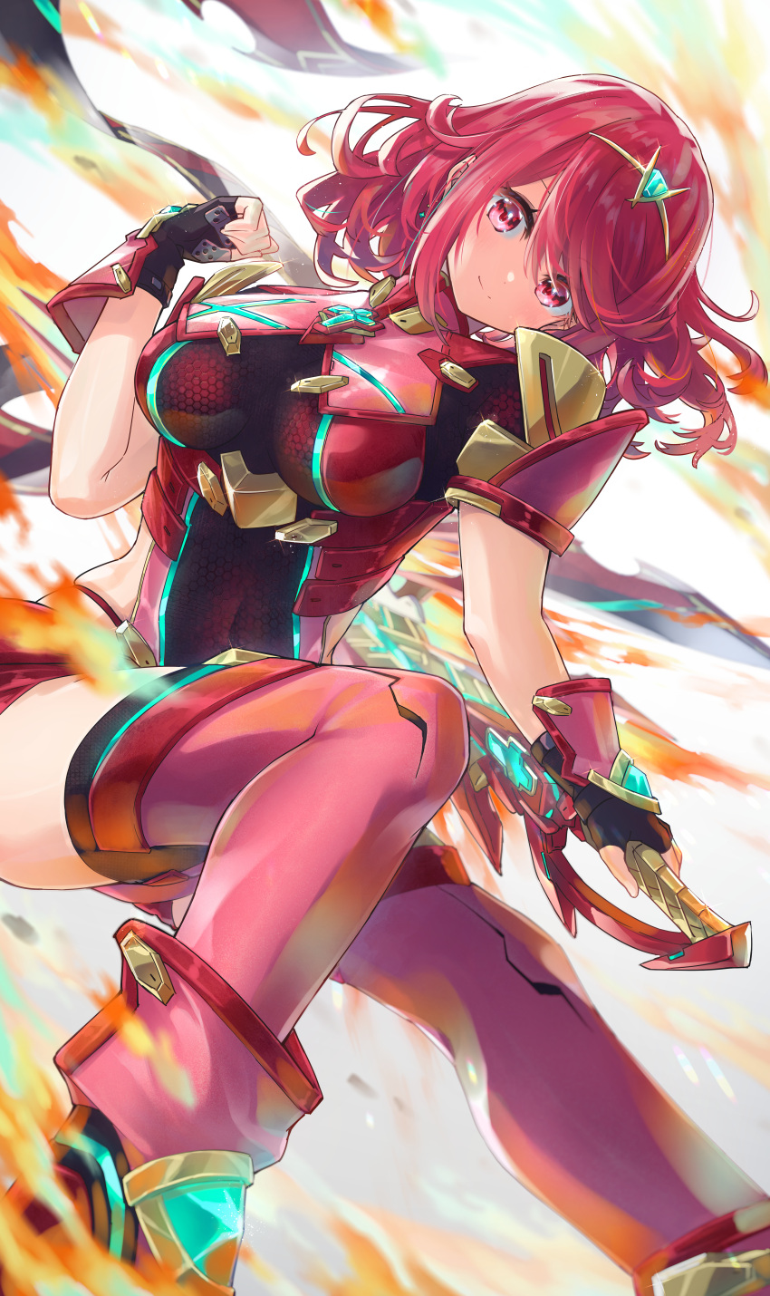 1girl absurdres breasts earrings fire gloves hatsuga_(dmaigmai) highres huge_filesize jewelry large_breasts pyra_(xenoblade) red_eyes redhead short_hair skindentation solo sword weapon white_hair xenoblade_chronicles_(series) xenoblade_chronicles_2