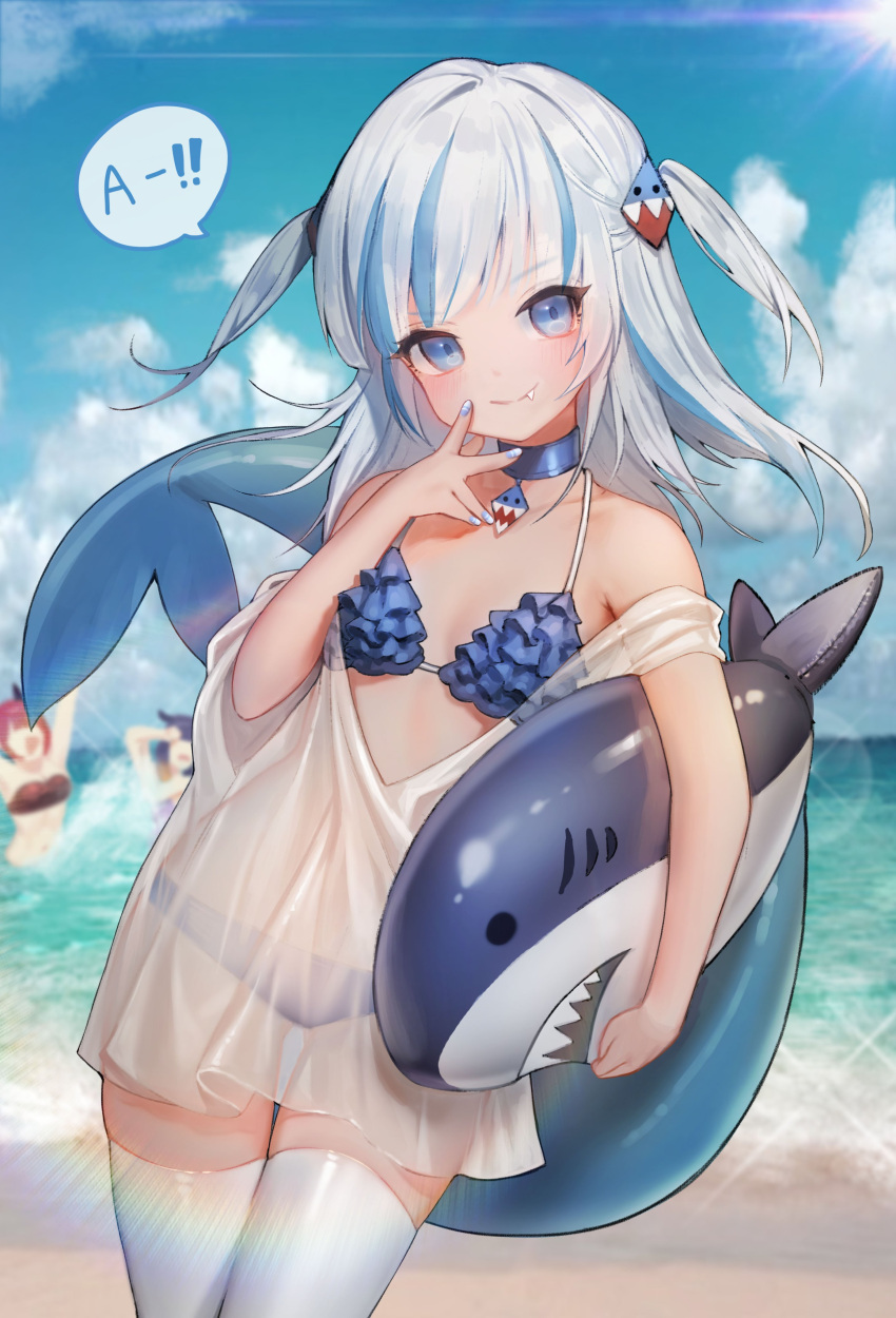 1girl a absurdres alternate_costume bare_shoulders beach bikini blue_bikini blue_choker blue_eyes blue_hair blue_nails blue_sky choker clouds cowboy_shot day fang fang_out fish_tail frilled_bikini frills gawr_gura hair_ornament hairclip highres hololive hololive_english inflatable_shark inflatable_toy innertube kkamangbeleukkamang long_hair looking_at_viewer multicolored_hair ocean outdoors see-through shark_tail sky smile solo speech_bubble streaked_hair swimsuit tail thigh-highs thigh_gap two-tone_hair two_side_up virtual_youtuber water white_hair white_legwear