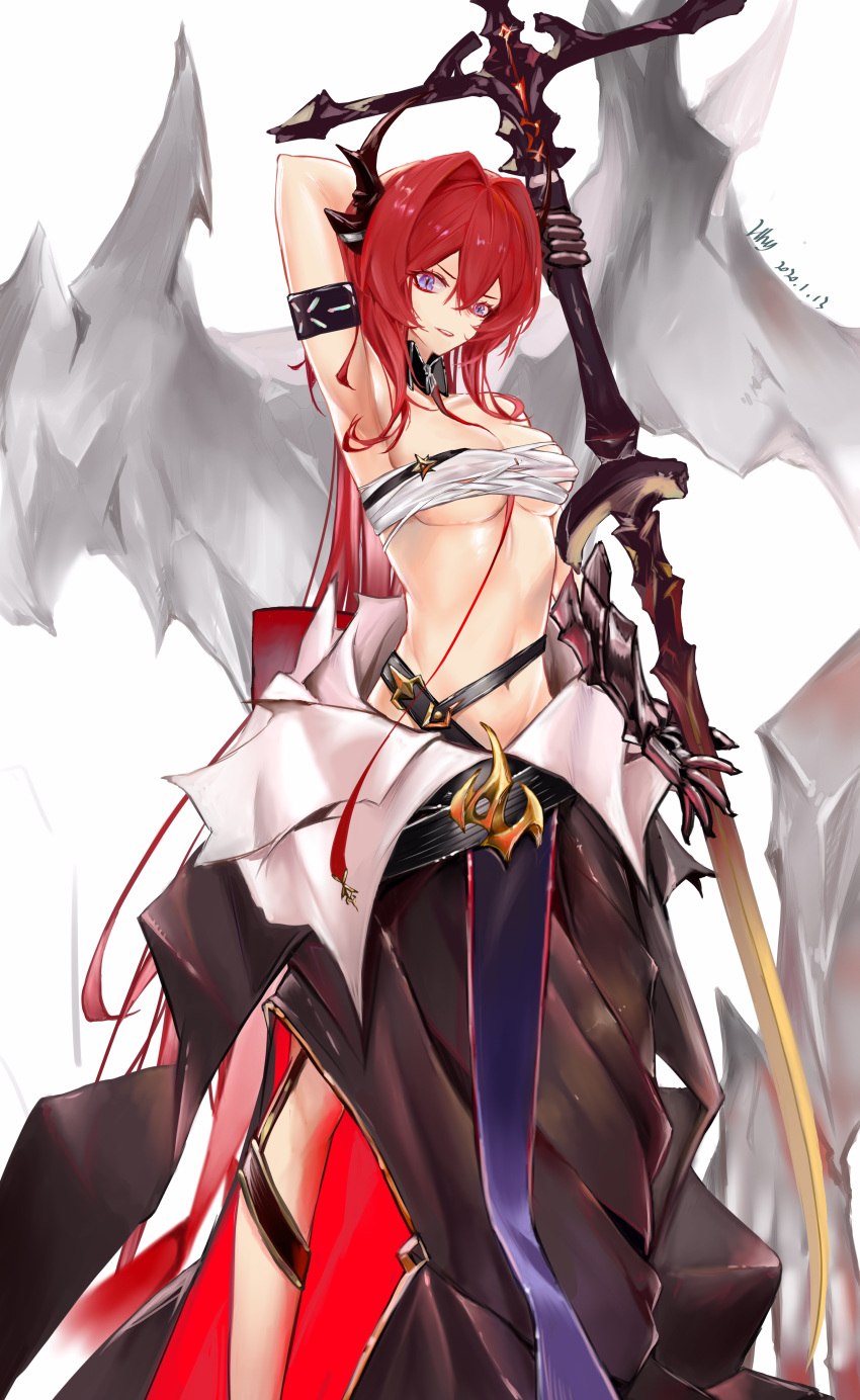 1girl absurdres arknights arm_up armband armpits bandages bangs black_skirt breasts commentary feet_out_of_frame hair_between_eyes hair_intakes hhy highres holding holding_sword holding_weapon horns long_hair looking_at_viewer midriff navel parted_lips redhead sarashi skirt small_breasts solo standing stomach surtr_(arknights) sword under_boob very_long_hair violet_eyes weapon white_background