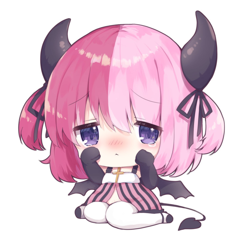 1girl artist_request black_footwear black_gloves blush chibi cross crucifix demon_girl demon_horns demon_tail demon_wings elbow_gloves eyebrows_visible_through_hair gloves hair_between_eyes highres horn_ornament horn_ribbon horns indie_virtual_youtuber kyuotto looking_at_viewer multicolored multicolored_clothes multicolored_hair pink_hair ribbon sad short_twintails solo tail tears thigh-highs twintails two-tone_hair violet_eyes white_background white_legwear wings