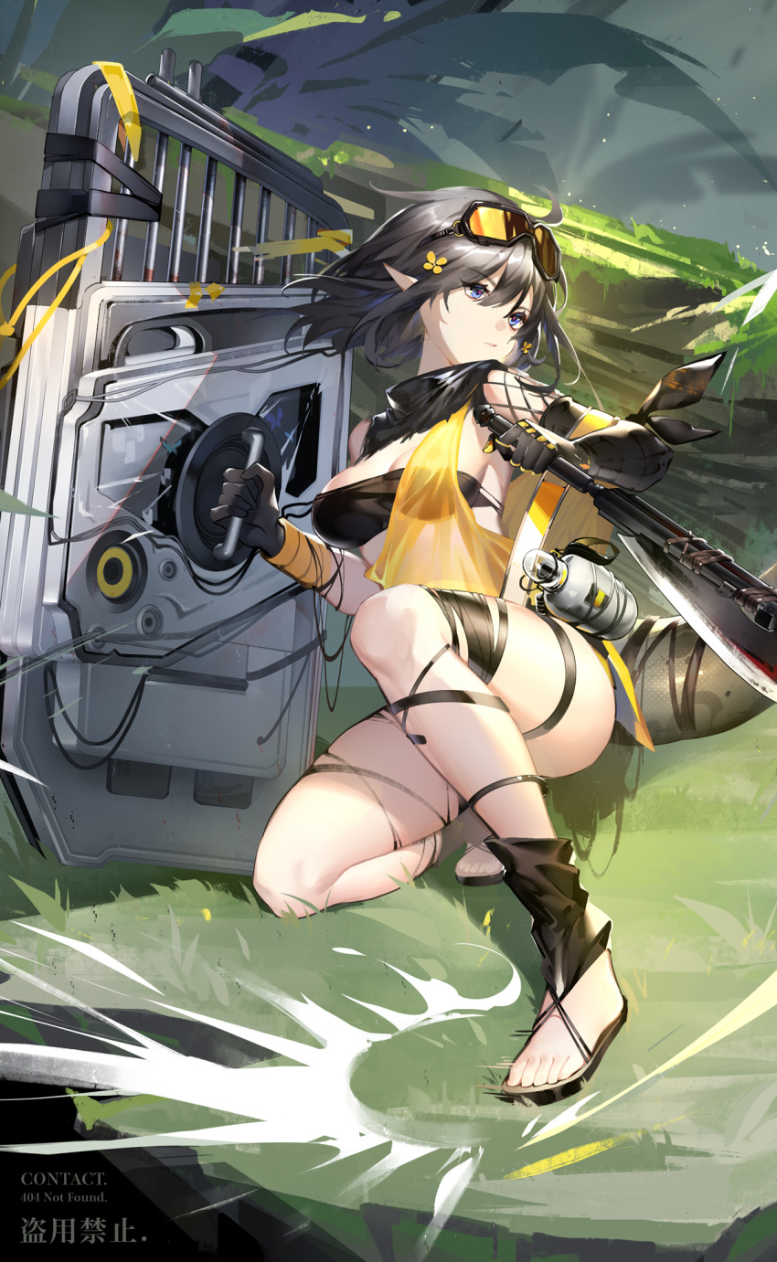 arknights axe bandeau black_hair blue_eyes breasts dress eunectes_(arknights) flower gloves goggles goggles_on_head grass hair_flower hair_ornament highres holding holding_shield holding_weapon log microdress moss one_knee open_toe_shoes plant pointy_ears reverse_grip see-through shield short_hair snake_tail strapless tail thigh_strap thighs toes torn_clothes torn_legwear tubetop weapon yellow_dress yu_jiu