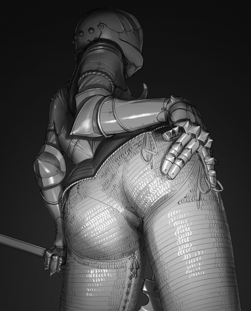 1girl absurdres armor ass axe black_background chainmail covered_face cowboy_shot from_below gauntlets gradient gradient_background greyscale hand_on_own_ass helm helmet highres holding holding_axe monochrome original simple_background solo wassnonnam