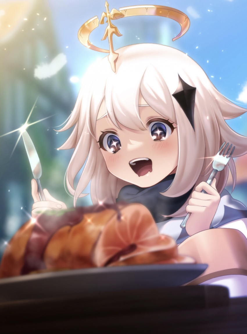 1girl blue_eyes blush food genshin_impact highres meat open_mouth paimon_(genshin_impact) smile solo sparkling_eyes tao30103 white_hair