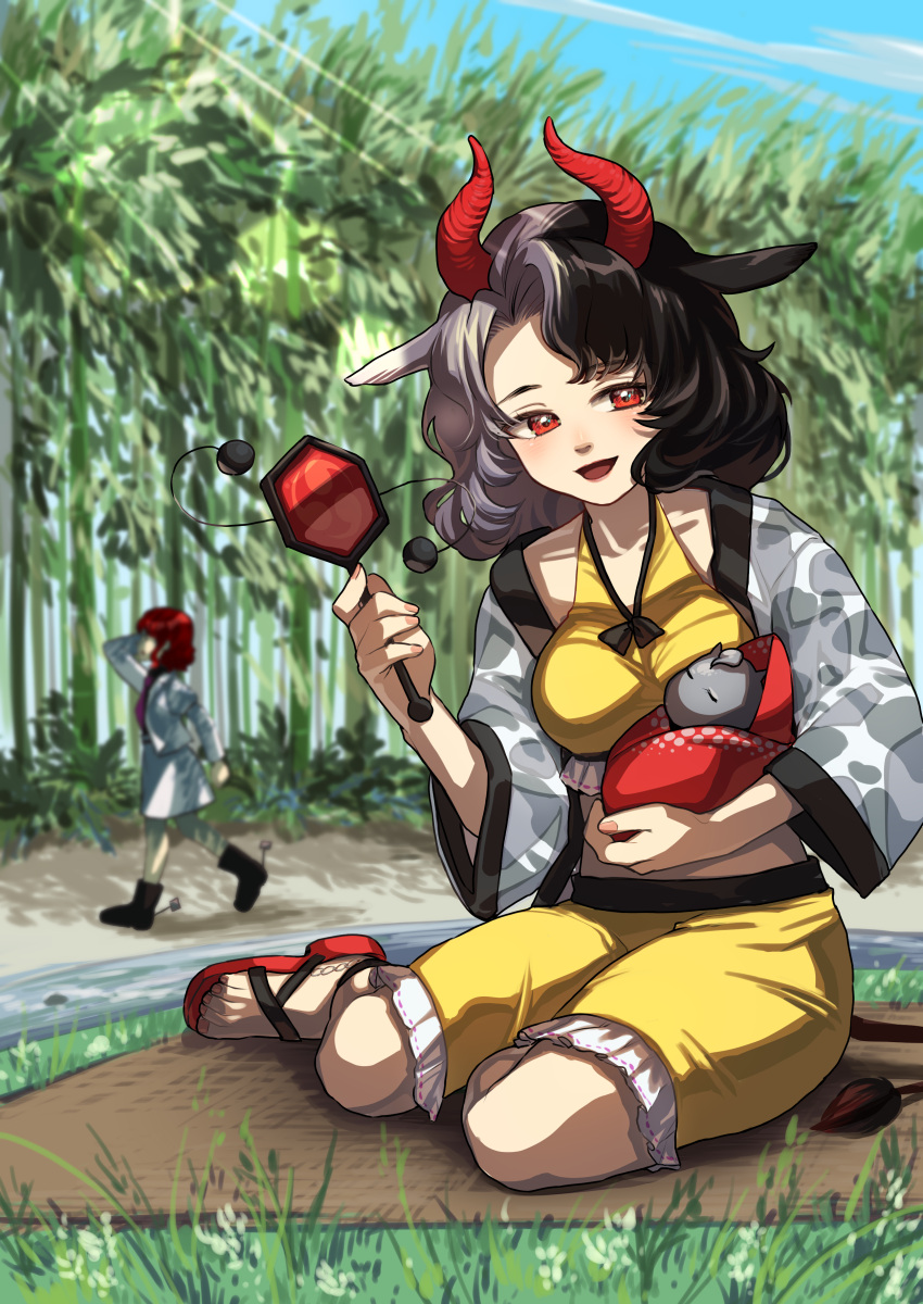 2girls absurdres animal_ears animal_print arm_up bamboo boots breasts commentary_request cow_ears cow_horns cow_print cow_tail crop_top day denden_daiko frilled_shorts frills haori highres holding horikawa_raiko horns japanese_clothes looking_at_viewer medium_hair midriff multicolored_hair multiple_girls open_mouth outdoors rattle_drum red_eyes red_footwear red_horns redhead sandals shirane_koitsu shorts sitting statue tail touhou two-tone_hair ushizaki_urumi yellow_shorts yokozuwari