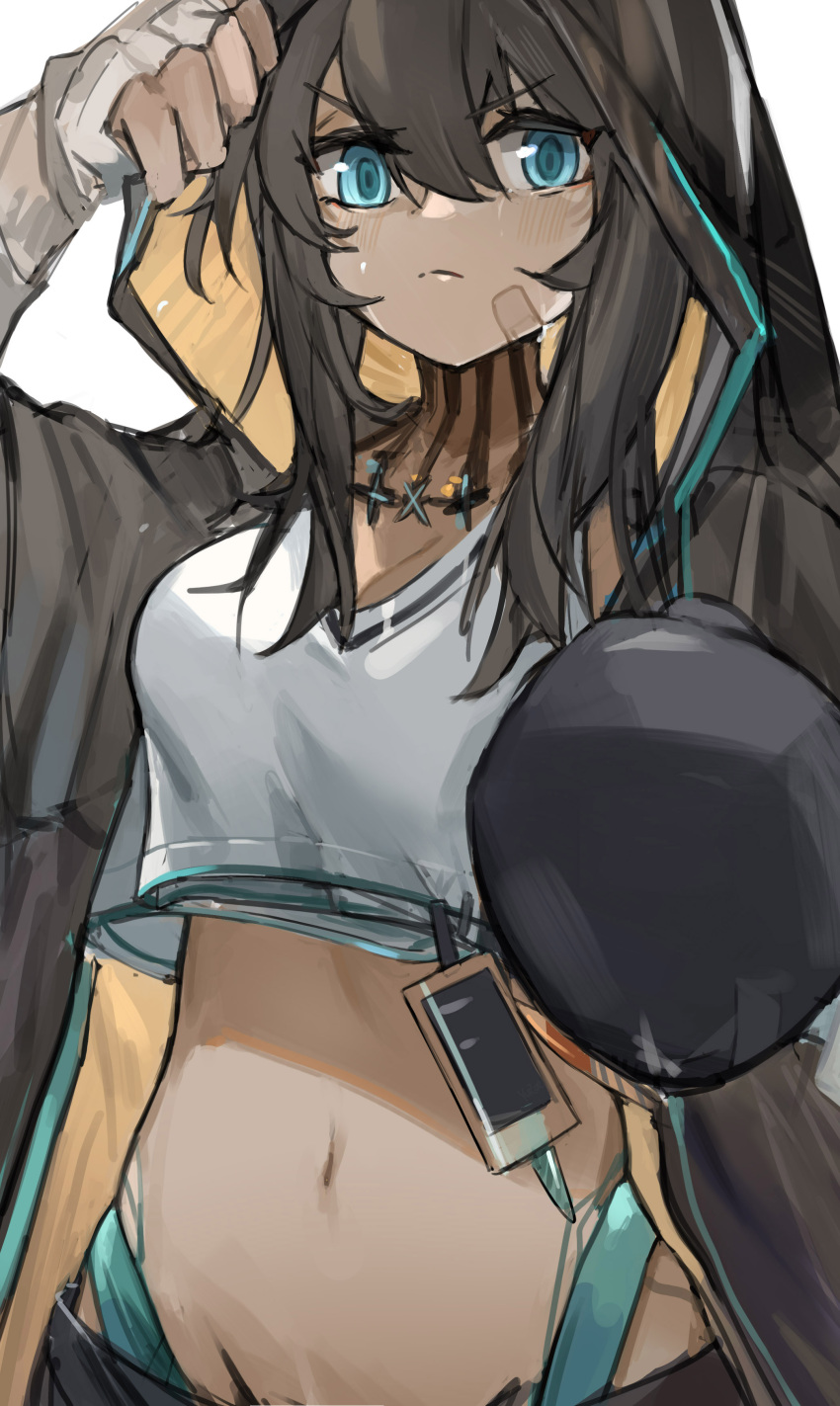 1girl absurdres arknights bandaid bandaid_on_cheek bandaid_on_face black_hair black_jacket blue_eyes boxing_gloves breasts chinese_commentary closed_mouth commentary cowboy_shot crop_top cropped_shirt dark_skin dark-skinned_female eyebrows_visible_through_hair flint_(arknights) gloves hair_between_eyes hand_wraps highres hood hood_up hooded_jacket jacket looking_at_viewer medium_breasts medium_hair midriff navel open_clothes open_jacket oripathy_lesion_(arknights) shirt simple_background single_glove solo tank_top white_background white_shirt white_tank_top yurooe