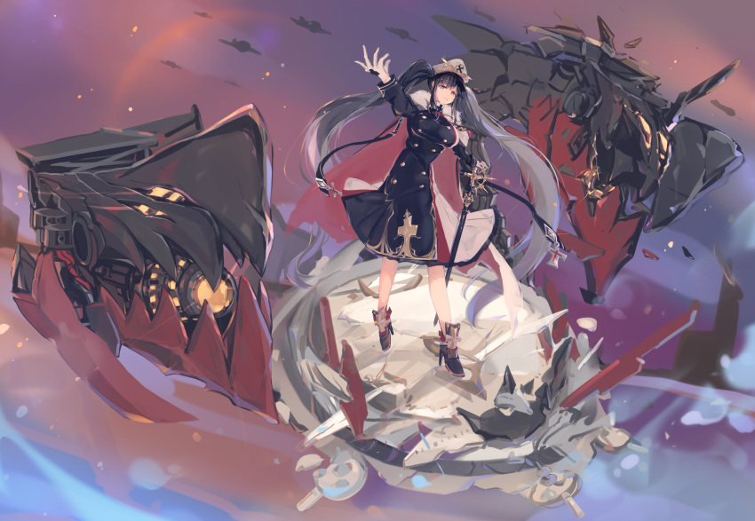 1girl azur_lane black_dress black_footwear black_hair breasts cane cape capelet double-breasted dress full_body fur_trim gloves high_heels highres large_breasts long_hair mechanical_animal peter_strasser_(azur_lane) red_cape shika_(shika0) solo twintails two-tone_dress very_long_hair white_dress white_gloves white_headwear