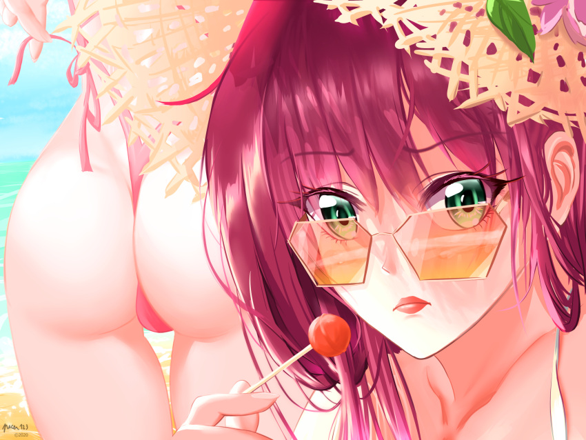 2020 2girls artist_name ass azur_lane bikini candy eyebrows_visible_through_hair flower food green_eyes hat hat_flower highres holding holding_candy holding_food holding_lollipop lips lollipop long_hair looking_at_viewer multiple_girls one-piece_swimsuit pacer123 pink_swimsuit redhead richelieu_(azur_lane) richelieu_(flagship_in_the_sea_breeze)_(azur_lane) straw_hat surcouf_(azur_lane) surcouf_(loisirs_balneaires)_(azur_lane) swimsuit thigh_gap tinted_eyewear