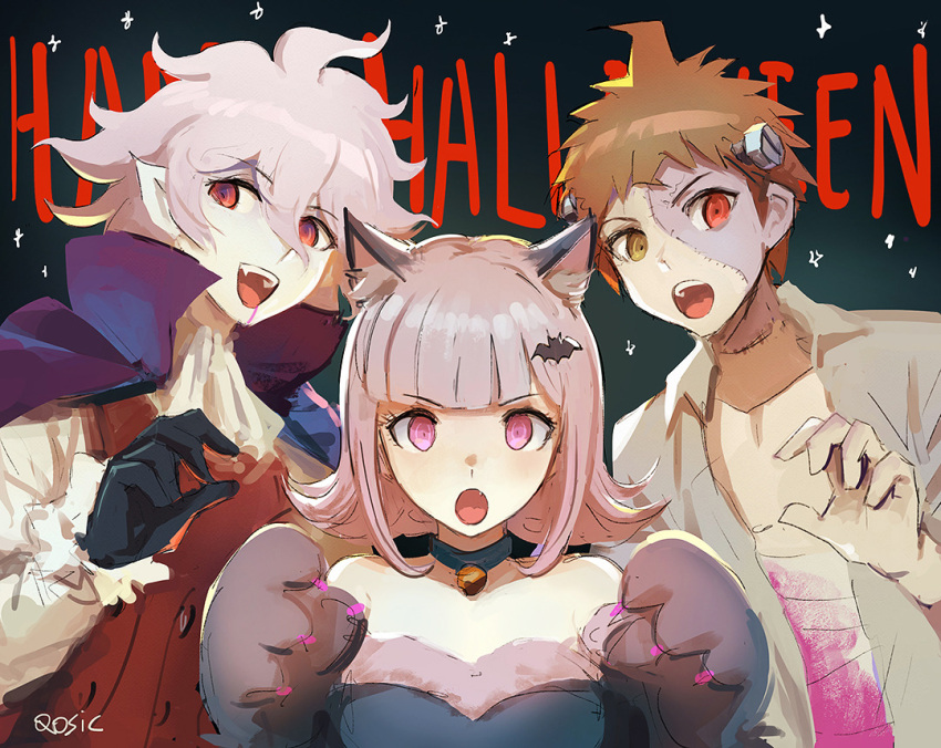 1girl 2boys :o ahoge alternate_costume animal_ears artist_name bandages bangs bare_shoulders bat_hair_ornament bell black_choker black_gloves brown_hair cape choker collarbone commentary cosplay dangan_ronpa_(series) dangan_ronpa_2:_goodbye_despair eyebrows_visible_through_hair fang fangs frankenstein's_monster frankenstein's_monster_(cosplay) gloves grey_shirt hair_ornament halloween halloween_costume happy_halloween hinata_hajime komaeda_nagito long_sleeves looking_at_viewer medium_hair multiple_boys nanami_chiaki open_clothes open_mouth open_shirt pink_blood pink_eyes pointy_ears purple_cape qosic shirt short_hair sketch upper_body v-shaped_eyebrows vampire vampire_costume wolf_ears wolf_paws