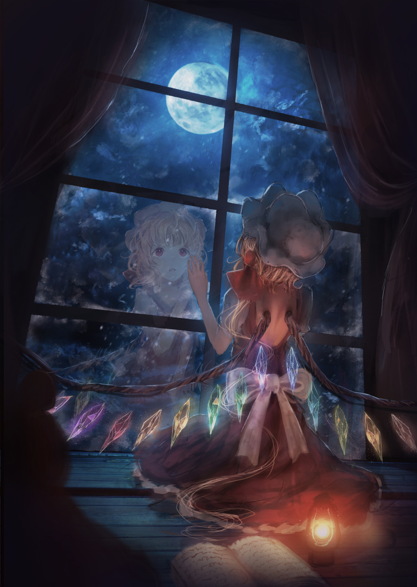 1girl alternate_costume arms_up backless_dress backless_outfit blonde_hair book clouds cloudy_sky curtains dress flandre_scarlet from_behind full_body hair_ribbon hands_on_window hat highres indoors lantern looking_out_window looking_up mob_cap night one_side_up open_book open_mouth puffy_short_sleeves puffy_sleeves red_dress red_eyes reflection ribbon sash short_sleeves sitting sitting_on_floor sky solo tonan_(l0l0l0l0l0l) touhou white_headwear white_sleeves window wings wooden_floor