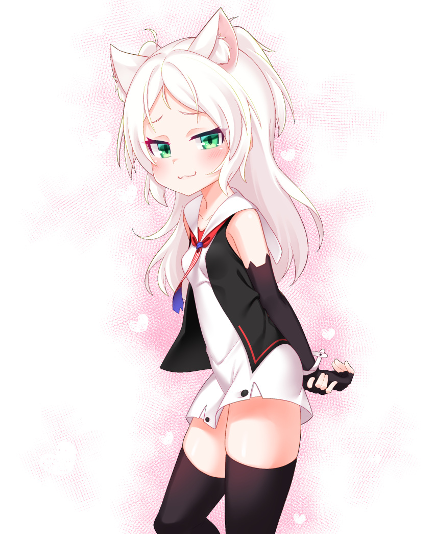 1girl absurdres animal_ear_fluff animal_ears arms_behind_back azur_lane bangs bare_shoulders black_gloves black_legwear black_vest blush breasts cat_ears closed_mouth commentary_request dress elbow_gloves fingerless_gloves gloves green_eyes heart highres kirisame_mia long_hair looking_at_viewer parted_bangs sailor_collar sims_(azur_lane) sleeveless sleeveless_dress small_breasts smile solo thigh-highs two_side_up vest white_dress white_hair white_sailor_collar
