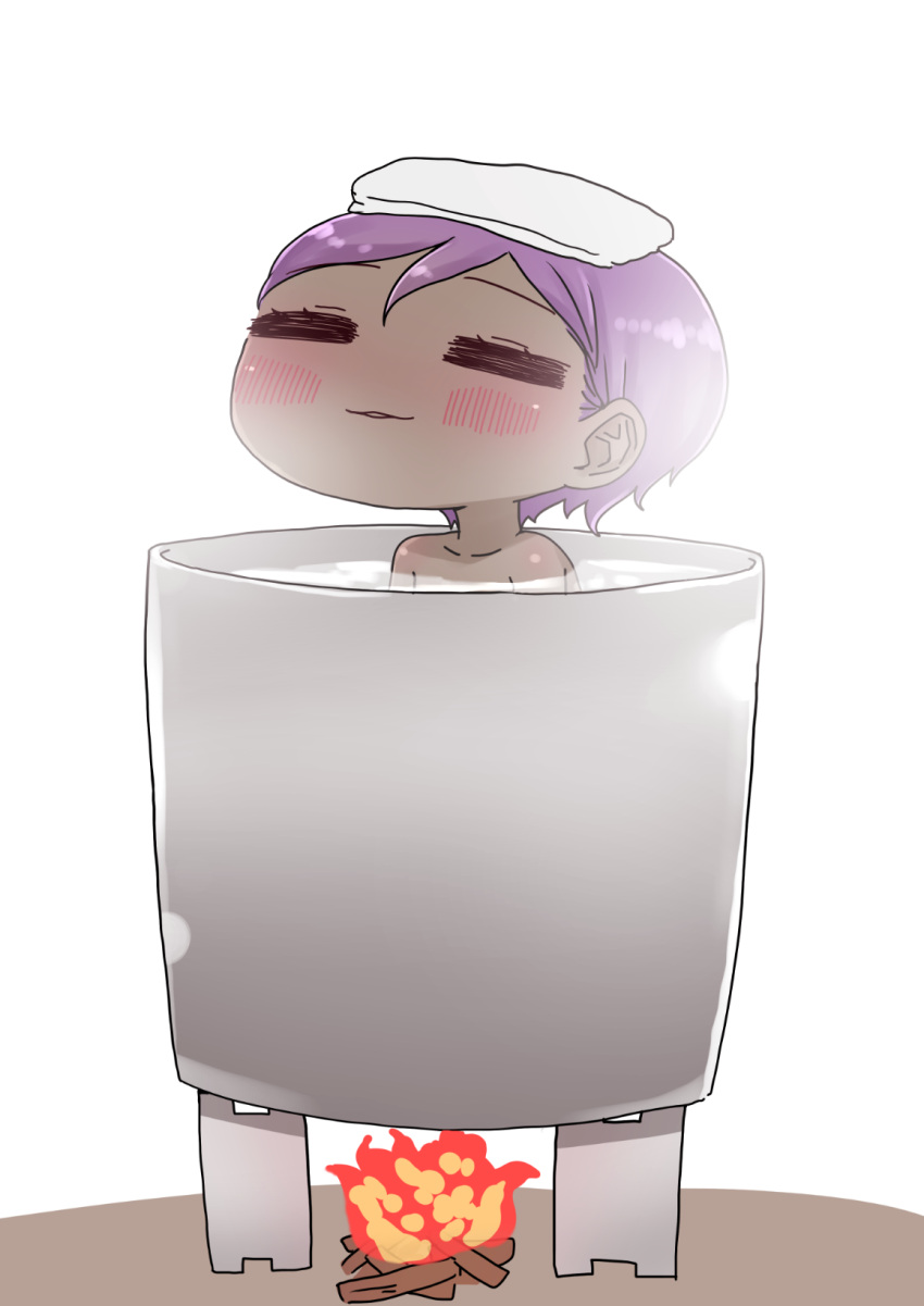 1girl =_= bath bathing blush chibi closed_eyes collarbone dark_skin facing_viewer fate/prototype fate/prototype:_fragments_of_blue_and_silver fate_(series) fire fireworks hassan_of_serenity_(fate) highres i.u.y nude parted_lips partially_submerged purple_hair simple_background solo steam towel towel_on_head water white_background