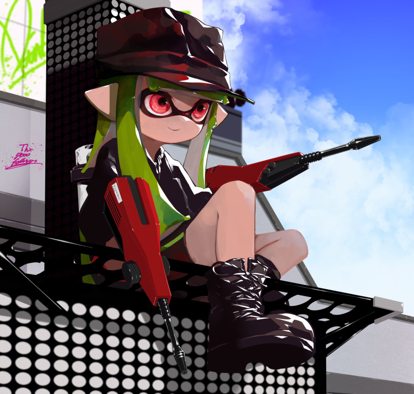1girl bangs bike_shorts black_footwear black_jacket black_shorts blue_sky blunt_bangs boots closed_mouth clouds cloudy_sky commentary cross-laced_footwear day domino_mask dual_wielding dualie_squelcher_(splatoon) english_commentary english_text graffiti green_hair hat highres holding ink_tank_(splatoon) inkling jacket lace-up_boots long_hair long_sleeves looking_to_the_side mask mhxbump milestone_celebration outdoors pointy_ears red_eyes red_headwear shorts single_vertical_stripe sitting sky smile solo splatoon_(series) splatoon_2 tentacle_hair