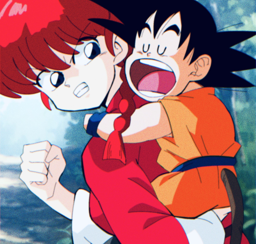 1boy 1girl angry black_hair blue_eyes blue_wristband closed_eyes dragon_ball forest orange_outfit piggyback pigtails ranma-chan ranma_1/2 ranma_saotome red_dress redhead sleeping snoring son_gokuu spiky_hair tail