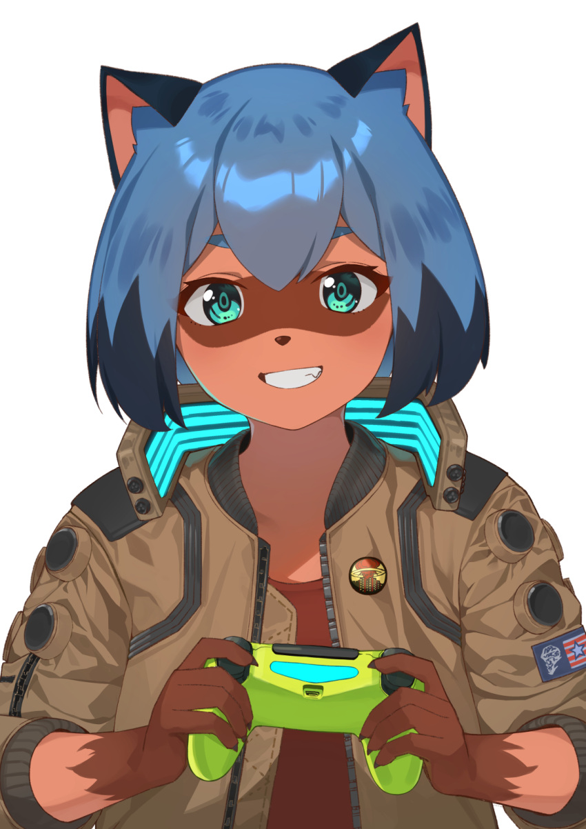 1girl :d animal_ear_fluff animal_ears animal_nose badge bangs blue_hair bob_cut brand_new_animal brown_jacket brown_shirt button_badge claws commentary controller cosplay cyberpunk_2077 dark_skin game_console game_controller glowing green_eyes grin hair_between_eyes highres holding holding_controller holding_game_controller imori_(lizzy) jacket kagemori_michiru looking_at_viewer multicolored_hair open_mouth patch playstation_4 raccoon_ears raccoon_girl shirt short_hair smile solo symbol_commentary teeth thick_eyebrows two-tone_hair unzipped upper_body v_(cyberpunk_2077) v_(cyberpunk_2077)_(cosplay)