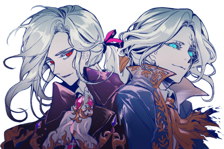 2boys black_capelet blue_eyes bow brooch capelet coat collared_shirt colored_eyelashes crack cracked_skin cravat crossover easel_(dam0628) edmond_dantes_(fate/grand_order) fate/grand_order fate_(series) hair_bow identity_v jewelry joseph_desaulniers long_hair look-alike low_ponytail male_focus multiple_boys ponytail red_eyes red_ribbon ribbon shirt sideways_glance simple_background smile torn_clothes upper_body white_background white_hair white_shirt yellow_bow yellow_neckwear