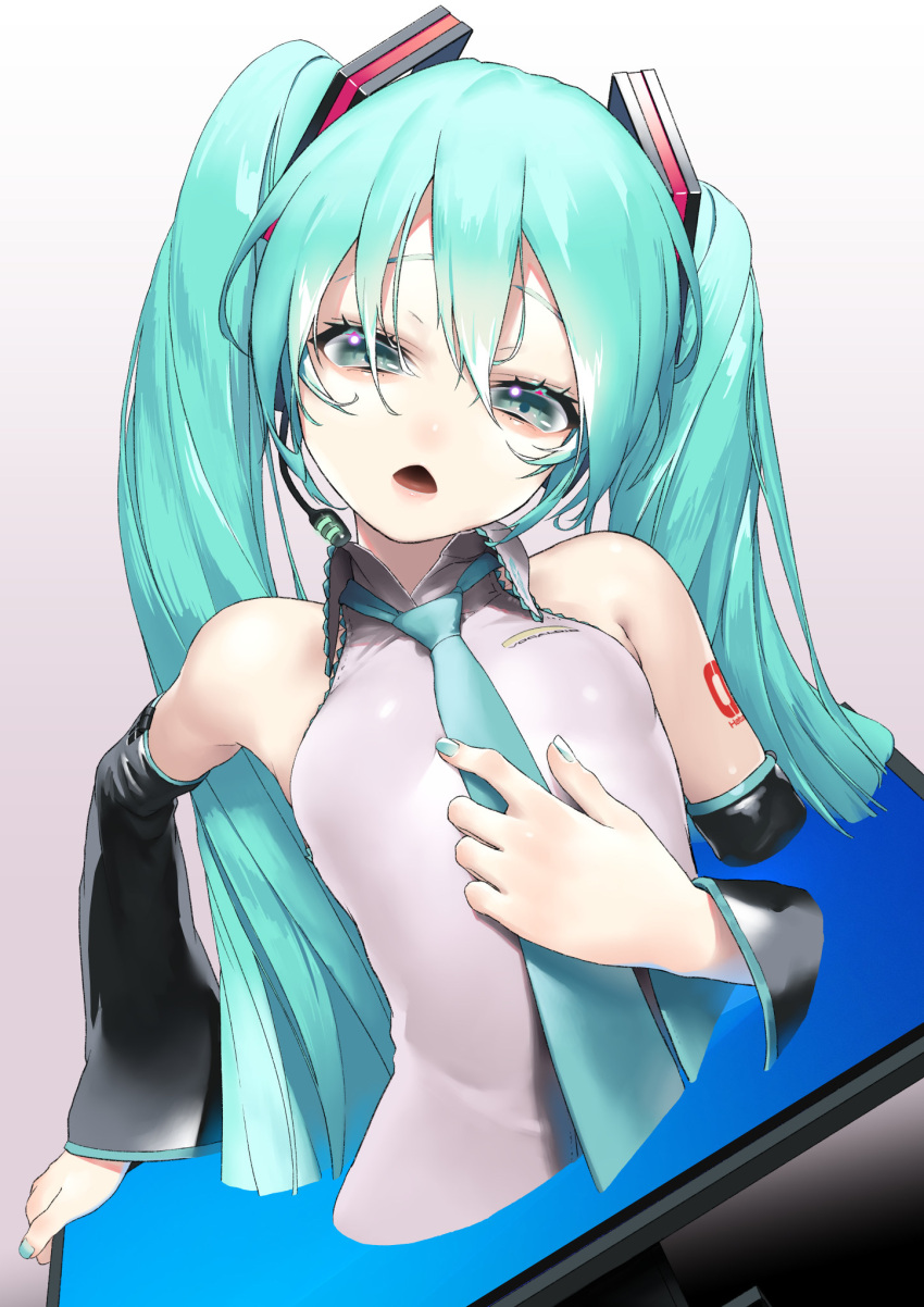 1girl aqua_eyes aqua_hair aqua_nails aqua_neckwear collared_shirt detached_sleeves gradient gradient_background grey_shirt hand_up hatsune_miku highres long_hair looking_at_viewer microphone necktie parted_lips rsk_(tbhono) shadow shirt sleeveless sleeveless_shirt solo twintails upper_body vocaloid