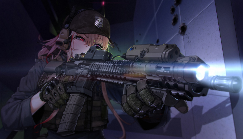 1girl assault_rifle bangs bullet_hole foreshortening girls_frontline gloves gun hair_between_eyes headgear headphones headset highres holding holding_gun holding_weapon jacket long_hair long_sleeves m4_carbine m4_sopmod_ii_(girls_frontline) military multicolored_hair open_mouth pink_hair red_eyes redhead rifle sd_bigpie sidelocks soldier solo streaked_hair tagme vest wall weapon