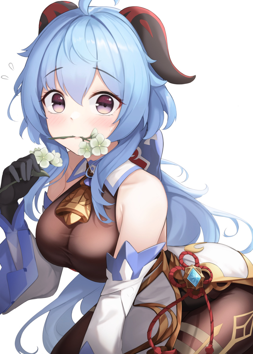 1girl absurdres ahoge bangs bare_shoulders bell black_gloves blue_hair blush bodysuit bodysuit_under_clothes breasts brown_bodysuit commentary cowbell detached_sleeves eyebrows_visible_through_hair flower flower_in_mouth flower_knot flying_sweatdrops g_home ganyu_(genshin_impact) genshin_impact gloves goat_horns hand_up highres holding holding_flower horns long_hair long_sleeves looking_at_viewer medium_breasts solo very_long_hair violet_eyes vision_(genshin_impact) white_background