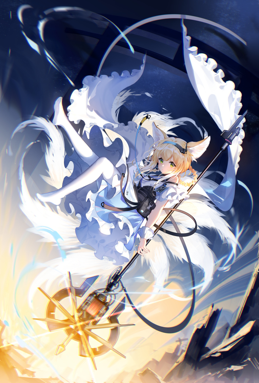 1girl animal_ear_fluff animal_ears aqua_hairband arknights blonde_hair blue_hairband earpiece feet fox_ears fox_girl fox_tail gloves green_eyes grey_hairband hair_rings hairband highres holding holding_staff kitsune kyuubi medium_hair multiple_tails no_shoes single_glove single_wrist_cuff soles staff stairs stone_stairs suzuran_(arknights) tail white_legwear yu_jiu