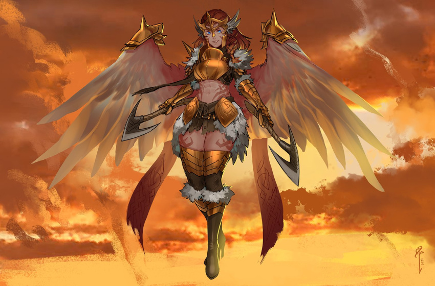 1girl abs angel_wings armor artist_name axe belt blue_eyes boots braid breastplate brown_hair clouds commentary commission copyright_request dual_wielding english_commentary floating full_body fur-trimmed_boots fur_trim gauntlets high_heel_boots high_heels holding knee_boots less long_hair looking_at_viewer midriff orange_sky parted_lips sky smile solo tattoo thigh-highs visor_(armor) wings