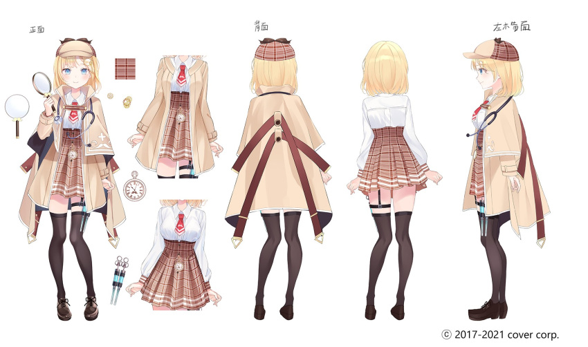 1girl blonde_hair blue_eyes character_sheet copyright_name detective full_body hat highres hololive hololive_english magnifying_glass mustache_print nabi_(uz02) official_art pocket_watch shoes syringe syringe_holster virtual_youtuber watch watson_amelia white_background