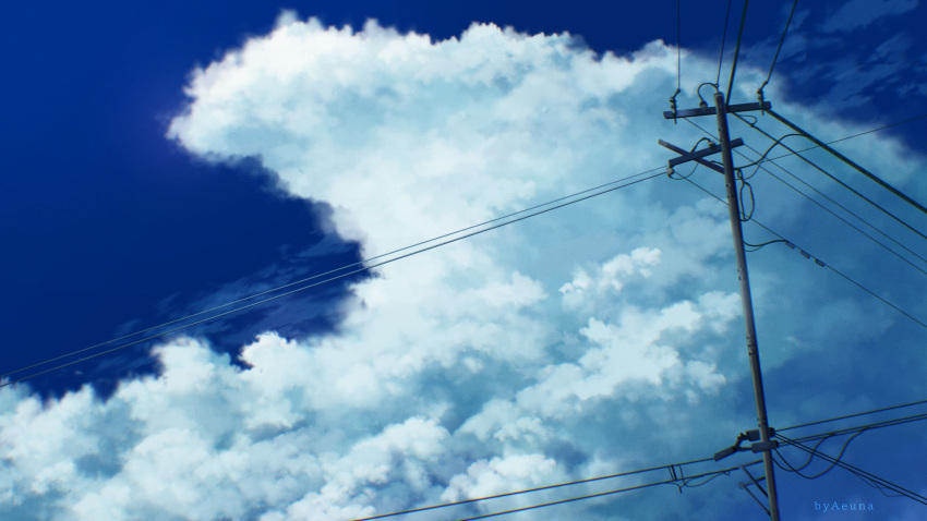 aeuna artist_name clouds cloudy_sky commentary day english_commentary highres no_humans original outdoors power_lines sky summer utility_pole watermark