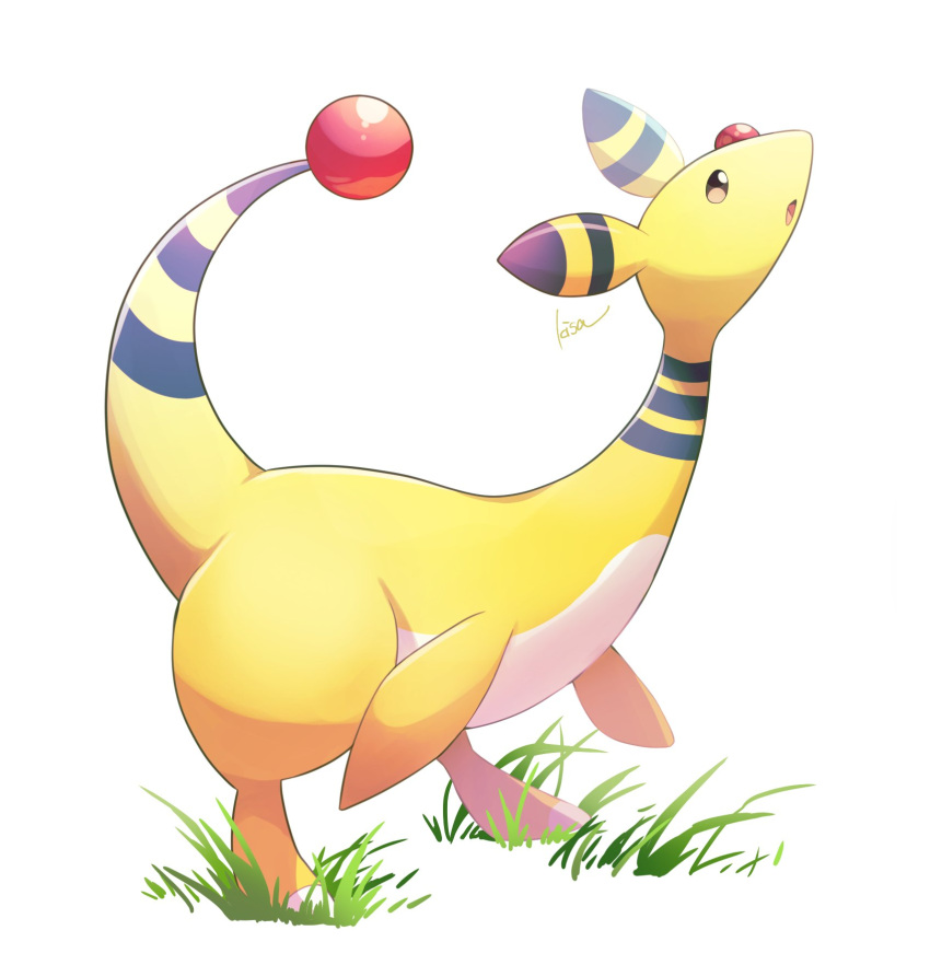 ampharos brown_eyes commentary_request full_body gen_2_pokemon grass highres kisa_(kisa-kisa5900) leaning_forward looking_up no_humans open_mouth pokemon pokemon_(creature) signature smile solo tongue