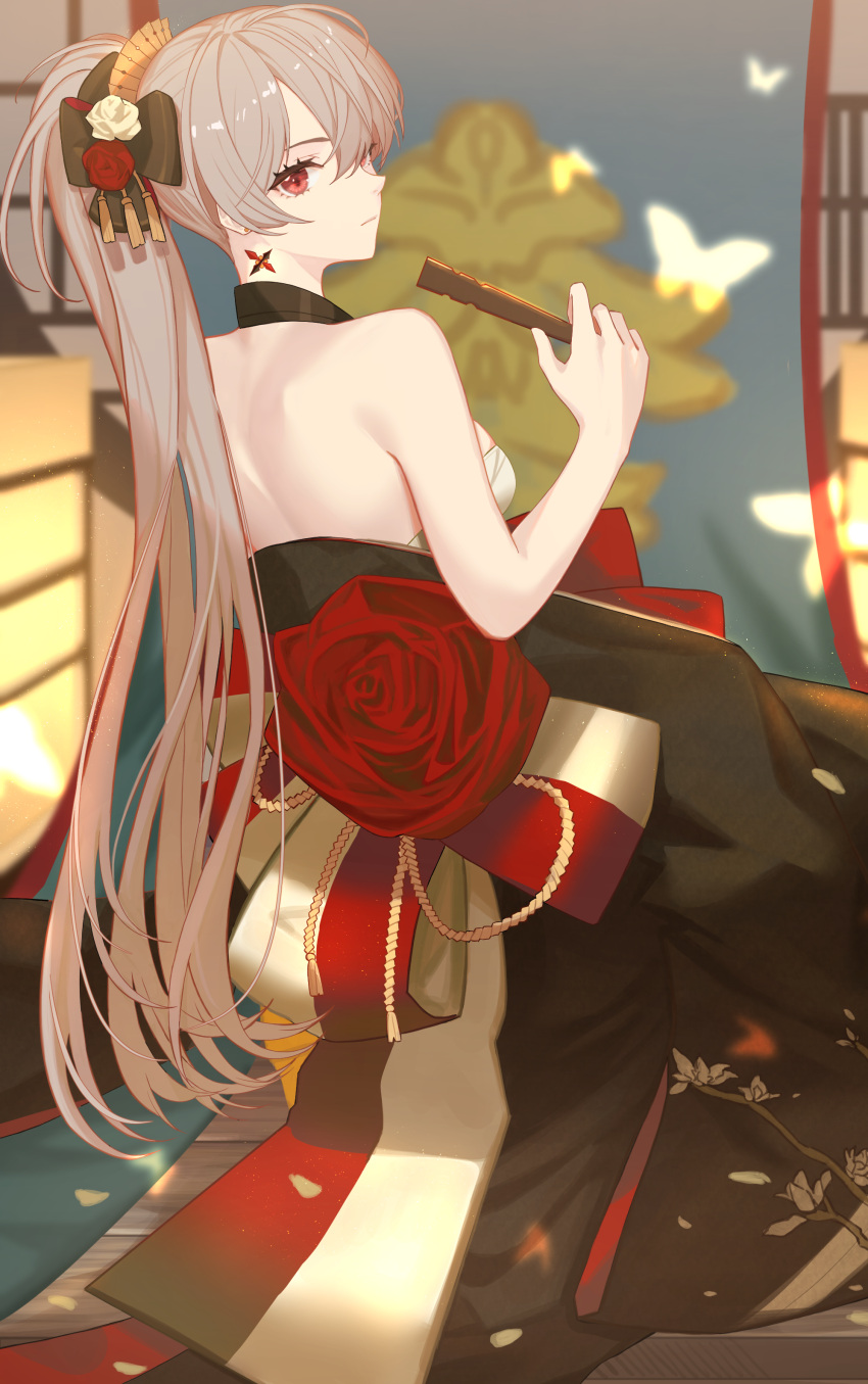 1girl absurdres architecture azur_lane backless_kimono backless_outfit black_kimono earrings east_asian_architecture fan flower folding_fan hair_flower hair_ornament highres holding holding_fan indoors japanese_clothes jean_bart_(azur_lane) jean_bart_(first_snow_upon_the_cutlass's_edge)_(azur_lane) jewelry kimono kuwahara_taiki light_brown_hair long_hair long_ponytail looking_at_viewer red_eyes red_flower red_sash sarashi sash sleeveless sleeveless_kimono solo very_long_hair