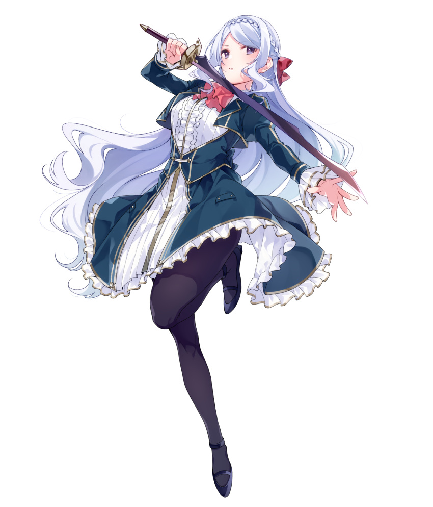 1girl bangs black_footwear black_legwear braid cropped_jacket dress eyebrows_visible_through_hair french_braid full_body ginjo_nanami grey_eyes highres holding holding_sword holding_weapon leg_up long_hair long_sleeves looking_at_viewer official_art omega_labyrinth omega_labyrinth_life pantyhose parted_bangs simple_background solo strappy_heels sword u35 very_long_hair weapon white_background white_hair